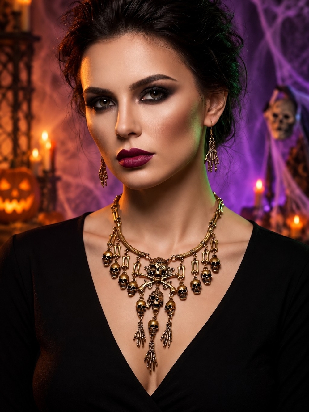 Gold Skull Statement Necklace and Earrings Set - Women Jewelry